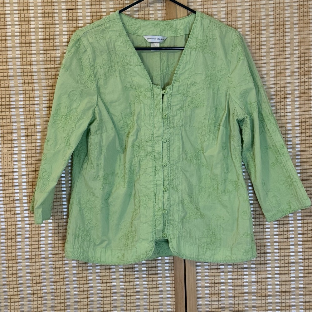 Christopher & Banks Womens L Top Green‎ Boho Artsy Embroidered Coastal Cottage